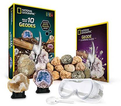 NATIONAL GEOGRAPHIC Break Open 10 Premium Geodes - Includes Goggles, Detailed Learning Guide & 2 Display Stands - Great Stem Science Gift For Mineralogy & Geology Enthusiasts Of Any Age