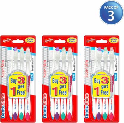 Dentoshine Super Slim Soft Toothbrush (Pink, Blue, Purple, Green, Value Pack x 3) Soft Toothbrush