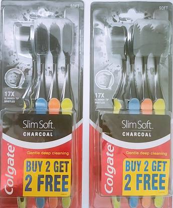 Colgate Slim Soft Charcoal Toothbrush (Buy 2 Get 2 Free) - 4 Pcs (Pack of 2) Soft Toothbrush