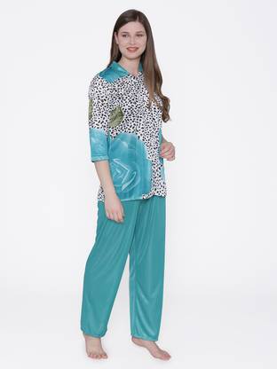 Women Floral Print Light Blue Shirt & Pyjama set
