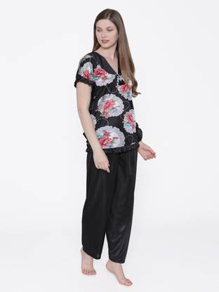 Phalin Women Floral Print Black Top & Pyjama Set