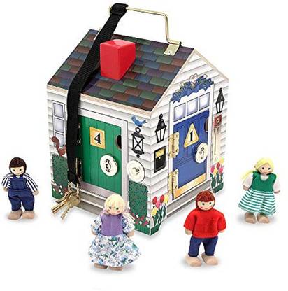 MELISSA & DOUG Take-Along Wooden Doorbell Dollhouse (Doorbell Sounds, Keys, 4 Poseable Wooden Dolls, 9" H X 6.8" W X 6.8" L, Great Gift For Girls And Boys - Best For 3, 4, And 5 Year Olds)