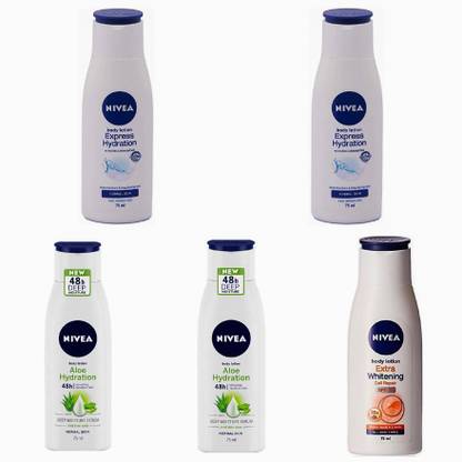 NIVEA EXTRA WHITENING 75 ML + ALOE HYDRATION 75 ML + WHITENING COOL SENSATION 75 ML + EXPRESS HYDRATION 75ML (PACK OF 5)
