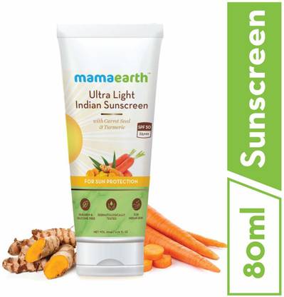 Mamaearth Sunscreen - SPF 50 PA+++ Ultra Light Natural Sunscreen Lotion SPF 50 PA+++ For Indian Skin, With Turmeric & Carrot Seed, 80ml - Pack of 2(2*80ml)