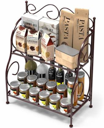 Sublime Arts Cutlery Kitchen Rack Iron Countertop Organizer, 2 Tier Foldable Kitchen Spice Rack, Bathroom, Flower Pot Countertop Counter Storage Shelf Organizer, Black Steel Kitchen Rack (Black) Cast Iron Wall Shelf (Number of Shelves - 2, Black)