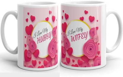 Gift4You I Love My Hubby Wifey Printed Couple Coffee Tea Cup for Husband, Wife On Marriage, Anniversary, Birthday Valentine Gifts (Set of 2) Ceramic Coffee Mug