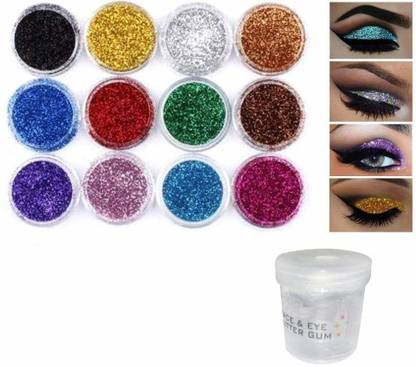 Elecsera Bright Multi Colors Eye Dry Thick Shimmer Glitters - Pack Of 12 Pcs with Eye Glue/Gum