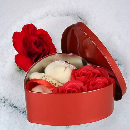 WEBELKART Red Heart Shaped Gift Box with 3 Red Roses, 1 Teddy Bear Decorative Showpiece  -  12 cm