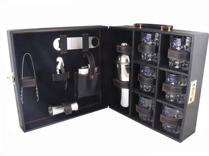 Chiefly vegan Leathers 6 Glasses Black Bar Set |Premium Bar Set Bottle Opener with Bottle Handy Portable Leatherette Bar Set for car | Whiskey Glasses Black AIBLP001 1 - Piece Bar Set