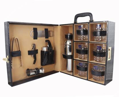 Chiefly vegan Leathers 6 Glasses Black Bar Set |Premium Bar Set Bottle Opener with Bottle Handy Portable Leatherette Bar Set for car | Whiskey Glasses Black AIBLC004 1 - Piece Bar Set