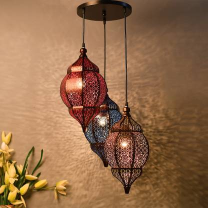 Flipkart Perfect Homes 3-Lights Round Cluster Chandelier Ceiling Multicolor Classic Moroccan Orb Hanging Pendant Light with Braided Cord, URBAN Retro, Nordic Style, LED/Filament Bulb Pendant Lamp Ceiling Lamp