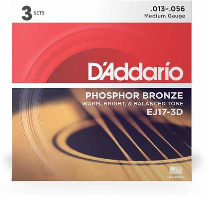 D'ADDARIO Acoustic EJ17-3D Phosphor Bronze Acoustic Guitar Strings, Medium, 13-56, 3 Sets Guitar String