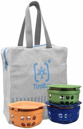 TintBox BPA Free Borosilicate Glass Lunch Box Set with Protective Silicone Sleeve | Leak Proof | Microwave Safe | Perfect for Office 300ml, Set of 3 with Canvas Bag (Multi-Color) 3 Containers Lunch Box