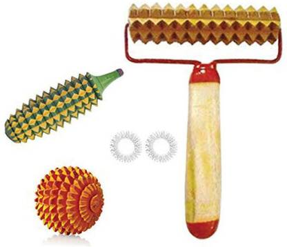 Acufit ACU05 Acupressure Massager Tools Combo Kit With Wooden Handle Roll + Ball + Karela + 2 Massage Rings For Stress And Pain Relief Acupressure Kit Massager