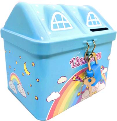 Johnnie Boy Unicorn Blue Tin Metal Piggy Bank Saving Cash Coin Money Box Children Toy Kids Gifts With Lock Coin Bank