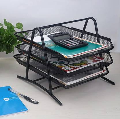 VMS 3 Compartments Metal OfficeBuddy Metal Mesh 3 Tier Document Tray Desk Organizer Desktop Letter, Mail & A4 Paper Holder & Newspaper Holder Sliding Wire Mesh File Tray for Office