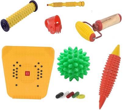 Acufit ACU048 Acupressure Massager Tools Combo Kit With Bio - Magnetic Power Mat + 5 Massage Rings + Karela Plastic + Pointed Ball + Karela Roll With Handle + Wooden Jimmy + Thumb JImmy + Energy Roller Hand Roll For Stress And Pain Relief Acupressure Kit Massager