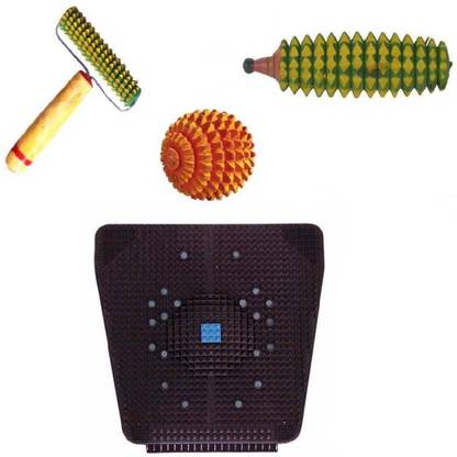 Acufit ACU011 Acupressure Massager Tools Combo Kit With ( Power Mat With Magnets + Karela Wooden + Wooden Ball + Wooden Roll Handle ) For Stress And Pain Relief Acupressure Kit Massager