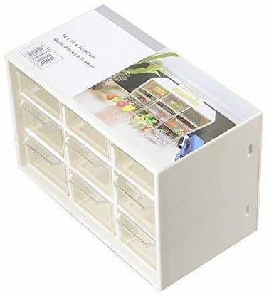 STEPPING 9 Grid Mini Plastic Multipurpose Drawer Storage Box for Multi Layer Jewelry Food Sundries Organizer Desktop Office Supplies Cabinet, 18x10x12 cm (White) Drawer Divider