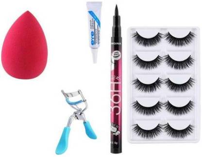 QUIYANG 5 PAIR OF EYELASH 3D WITH 1 PUFF WITH 1 LINER SKETCH PEN WITH 1 GLUE WITH 1 CURLER