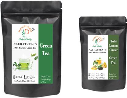 Nauratreats Green Tea Loose Leaf for Weight Loss (300g) & Tulsi Lemon Ginger Green Tea (100g) Tea Pack of 2 Tulsi, Lemon, Ginger Green Tea Pouch