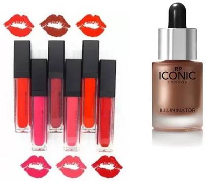 RP Matte me ultra smooth cream matte lipstick (SET B) (Multicolor, 6 ml) with Illuminator Highlighter 30ml (glow)