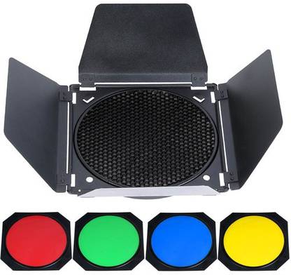 GODOX BD-04 Barndoor and Honeycomb Grid and 4 Color Gel Filters for Standard Reflector (Red Yellow Blue Green) Color Effect Filter