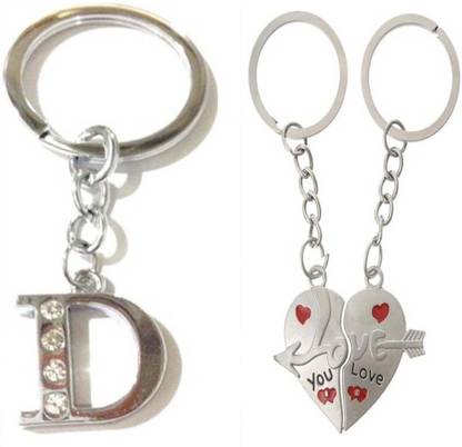 Rashi Traders Alphabet D Letter & Love You Heart Key Chain