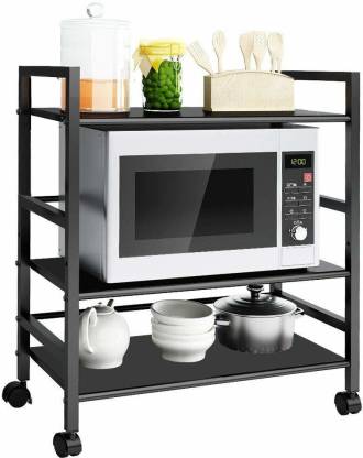 IMPULSE Premium 3-Shelf Microwave Oven Trolley Stand/Storage Trolly Rack/Storage Rack/Shelf for Home-Office-Kitchen (Black) Iron Kitchen Trolley
