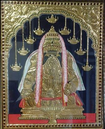 Amnaya Karpaga Vinayagar Gold Leaf, Traditional Handmade Handicraft Tanjore Painting With Multi Colour Stones and Teak Wood Framed Religious Frame