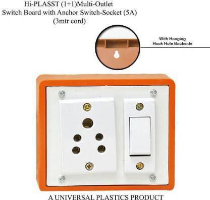 Realgo (1+1) Brown Extension Board Electrical Switch Board with 1 Anchor Sockets (5A) and 1 Anchor Switch (5A)-3 m Long Wire 1  Socket Extension Boards