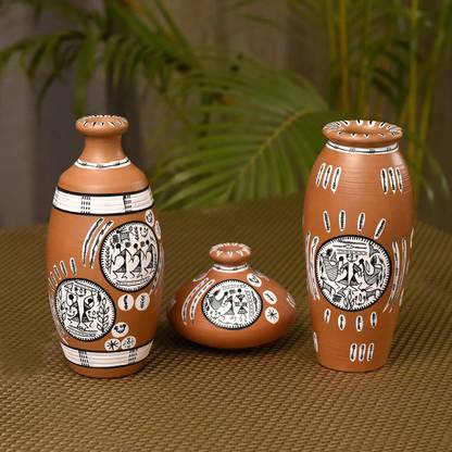 Unravel India terracotta warli handpainted home decorative brown pots(Set of 3) Terracotta Vase