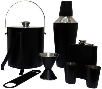 Dynore Stainless Steel 8 Pcs Black Bar Set Small- Cocktail Shaker 500 ml, Ice Bucket 1000 ml, Hip Flask 7 oz, Shot Glass 50 ml, Bottle Opener, Ice Tong, Peg Measure, 8 - Piece Bar Set