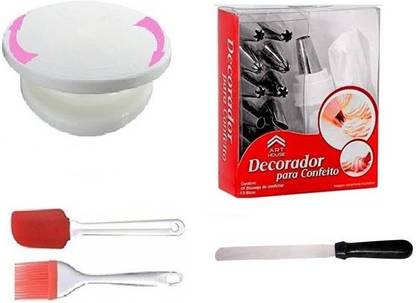MOREL CAKE DESIGNER TURNTABLE WHITE ROUND, SILICON SPATULA, BRUSH AND STEEL SPATULA KNIFE AND REUSABLE CAKE DESIGNING ICING BAG WITH 12 NOZZLE CAKE MAKING TOOL SET Kitchen Tool Set