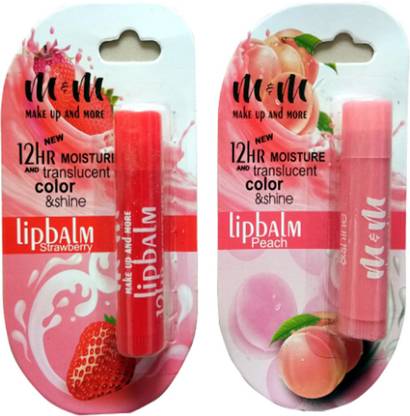 M&M Lipbalm Peach (Pink) & Strawberry (Red) 12Hr Moisture, Translucent Color & Shine Strawberry, Peach