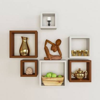 Cherry Wood Square Shape Set of 6 Floating Wall Shelves | White & Brown MDF (Medium Density Fiber) Wall Shelf