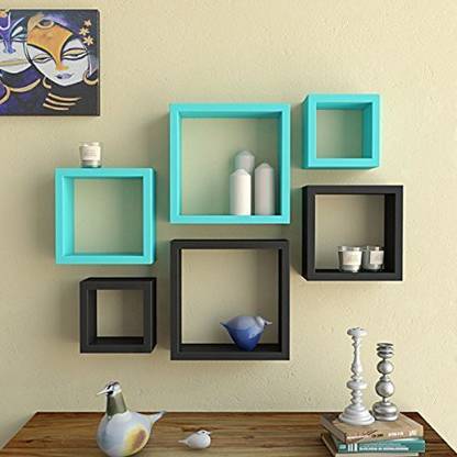 Cherry Wood Square Shape Set of 6 Floating Wall Shelves | Black & Sky Blue MDF (Medium Density Fiber) Wall Shelf