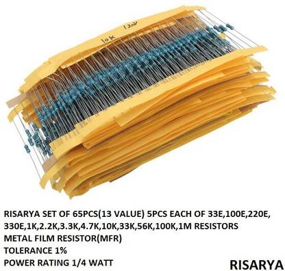 RISARYA SET OF 13 VALUE(65-PCS) 5PCS EACH OF MFR,1%,1/4 W,33E,100E,220E,330E,1K,2.2K,3.3K,4.7K,10K,33K,56K,100K,1M RESISTORS Fixed Resistor