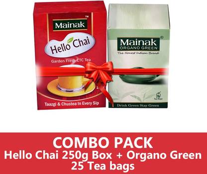 Mainak Original CTC Hello Chai 250g + Organo Unflavoured Green Tea Bags Box