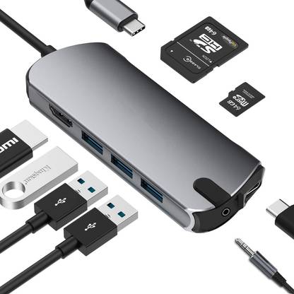 Kapa USB C 8-IN-1 Adapter HUB Type-C to 3.5mm AUX, USB 3.0, 4K HDMI, PD Charging, SD/TF Reader AT21300 Laptop Accessory, USB Hub