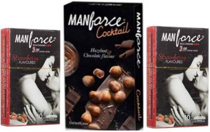 MANFORCE Strawberry 10s x2 + Cocktail Chocolate-Hazelnut 10s (10 x 3 = 30 Condoms) Passion Raja Value Combo Pack Condom