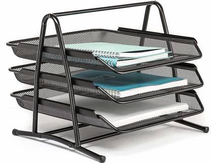 ADDCART 3 Compartments Metal File Rack Desk Organizer Mesh Document Tray Letter Tray Stand