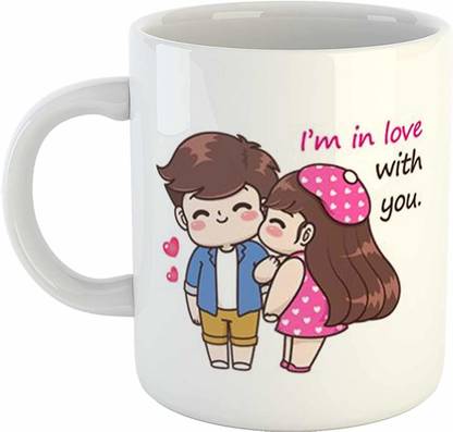 Mitti Cute Love Couple Cartoon Printed Coffee-I'm in Love with You Quote Ceramic, Bone China Coffee Mug