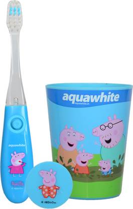 aquawhite Kids Peppa Pig Flashh Toothbrush with Rinsing Cup - Set of 3 (Blue) Soft Toothbrush