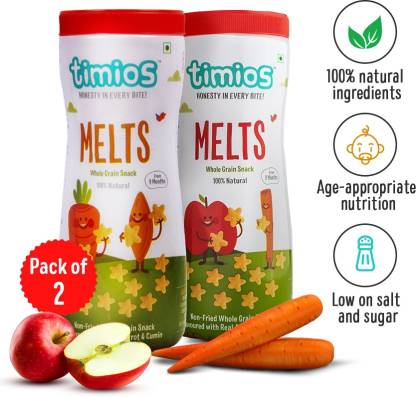Timios MELTS - Mix Flavours 9+ Months 100% Natural & Healthy Snacks - Apple & Cinnamon And Carrot & Cumin - Pack of 2 Combo Baby Finger Foods 100 g