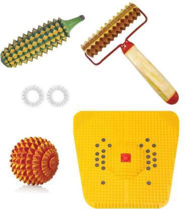 Acufit ACU086 Acupressure Massager Tools Combo Kit With Power Mat + Wooden Handle Roller + Wooden Karela + Wooden Ball + 2 Massage Rings For Stress And Pain Relief Acupressure Tool Kit Massager