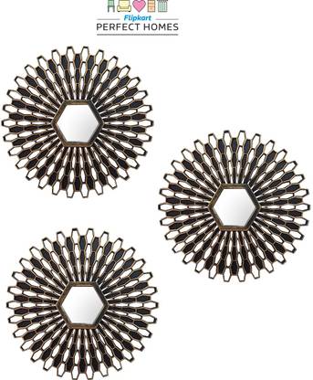 Flipkart Perfect Homes Stylish Round Floral Pattern Framed Wall Decor For Bedroom (10x10 Inch) Black Decorative Mirror