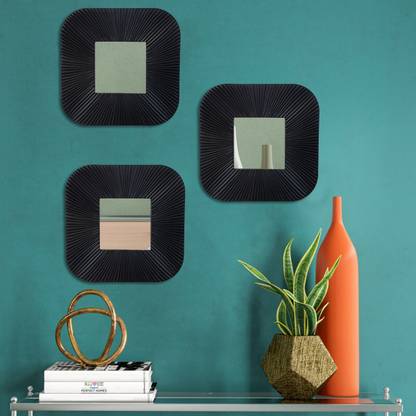 Flipkart Perfect Homes Stylish Sun Rays Pattern Framed Wall Decor For Bedroom (10x10 Inch) Black Decorative Mirror