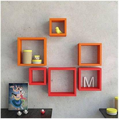 Antique Villa World Anque Vla World Square Shape Wall Shelf Set Of Six Red, Orange MDF (Medium Density Fiber) Wall Shelf