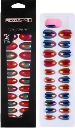 ROZIA Artificial Nails Set Colorful Fake Nails, Full Cover Short Round UV Top Coat Artificial Acrylic Nails, Premium Salon Chrome False Nails with Glue Multicolor